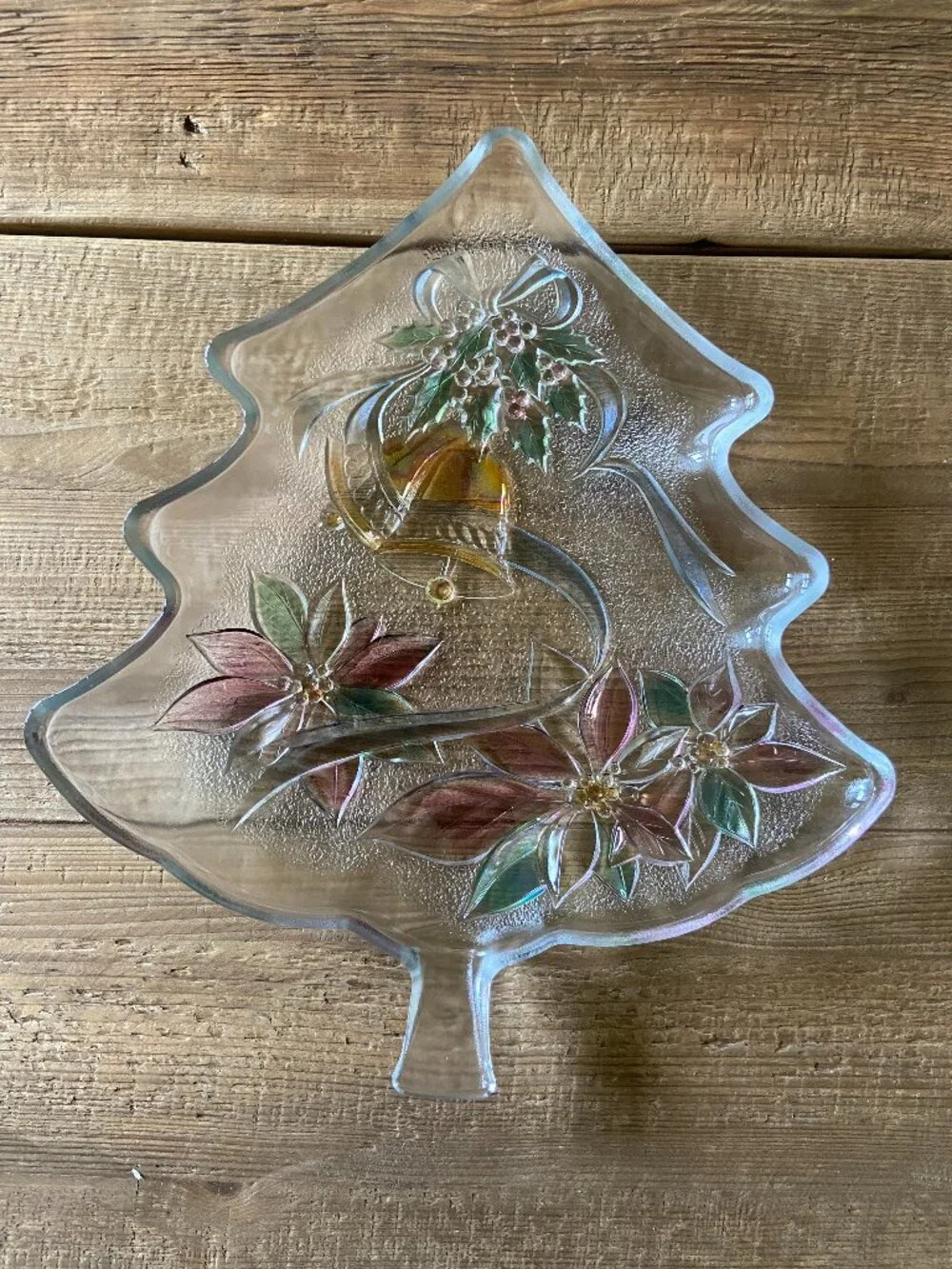 Christmas tree serving platter, holiday glass tray, hand painted centerpiece,